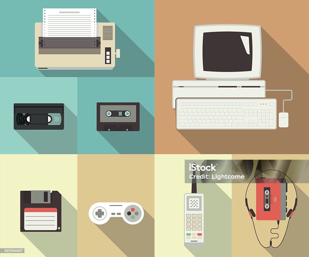 Back to nineties Back to nineties vector conceptual flat set of printer, computer, video cassette, floppy disk, telephone and player with headset Senior Adult stock vector