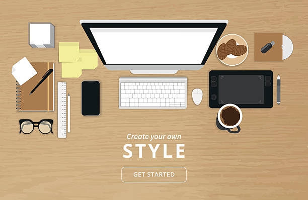 Realistic workplace organization Realistic workplace organization. Top view with textured table, computer, smartphone, graphic tablet, stickers, glasses, cd disk, diary and coffee mug office desk top texture stock illustrations
