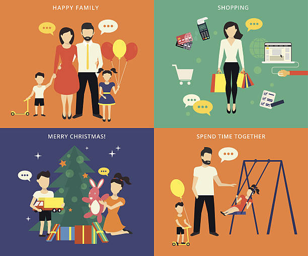 ilustraciones, imágenes clip art, dibujos animados e iconos de stock de familia con niños concepto conjunto de iconos de planos - shopping christmas women retail