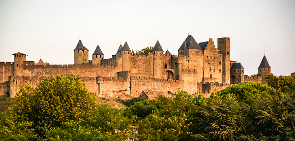 View point of Cite de Carcassonne, stone walls of the fortification