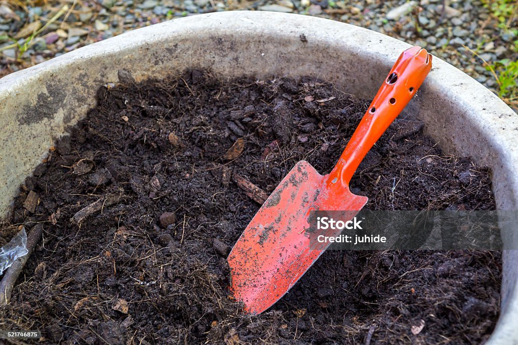 garden trowel and soil in tray Agriculture Stock Photo