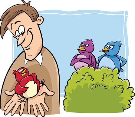 Cartoon Humor Concept Illustration of A Bird in the Hand is Worth Two in the Bush Saying or Proverb