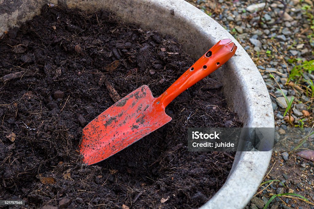 garden trowel and soil in tray Agriculture Stock Photo
