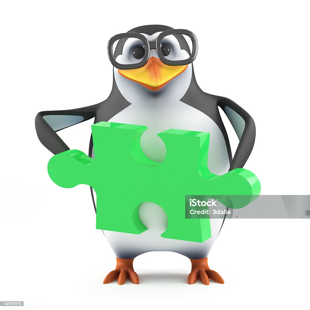 3d Academic penguin holding a green jigsaw puzzle piece 3d render of a penguin holding a piece of green jigsaw puzzle piece Animal Stock Photo