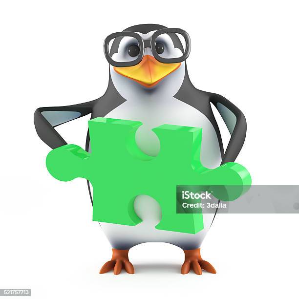 3d Academic Penguin Holding A Green Jigsaw Puzzle Piece Stock Photo - Download Image Now