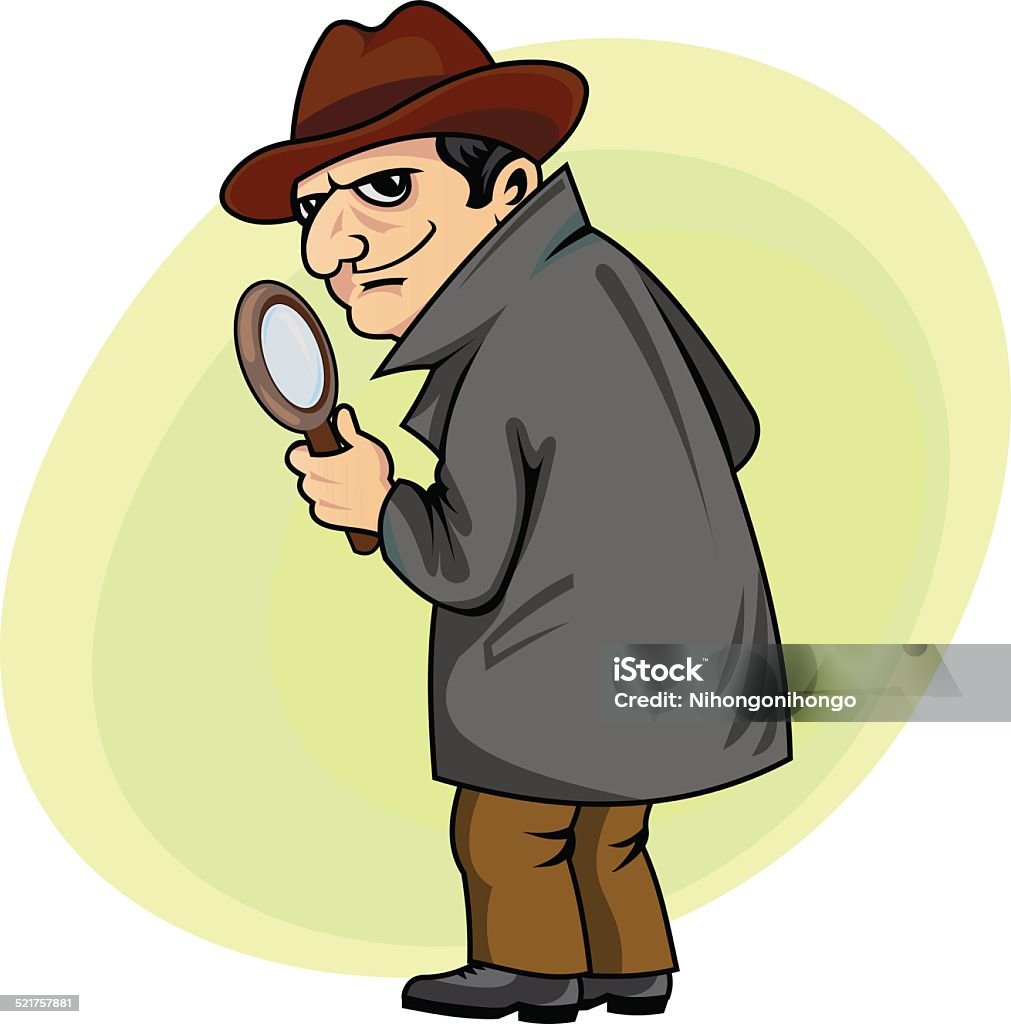 Detective man Detective man with magnifying glass in cartoon style Adult stock vector
