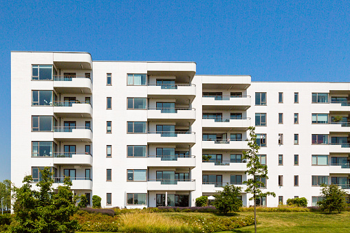 Modern apartment building on a sunny summer day in Hellerup, a suburb of Copenhagen, Denmark.