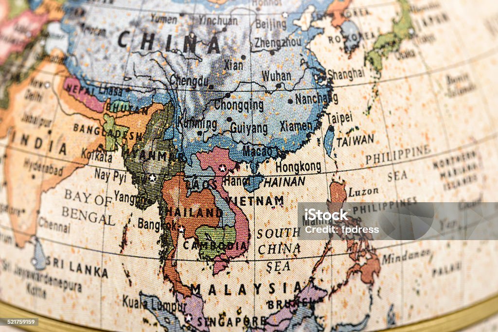 Globe East and Southeast Asia Close-up of East and Southeast Asia in the colorful world map. Map Stock Photo