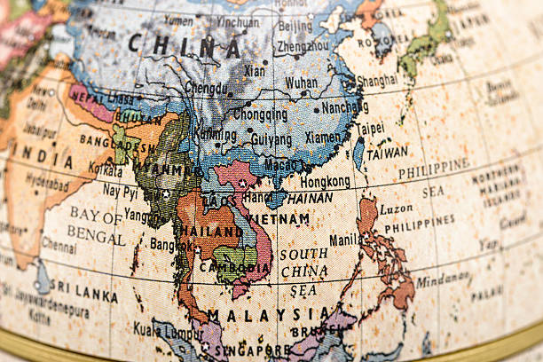 Globe East and Southeast Asia Close-up of East and Southeast Asia in the colorful world map. laos photos stock pictures, royalty-free photos & images
