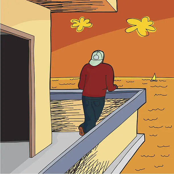 Vector illustration of Person on Beach House Patio