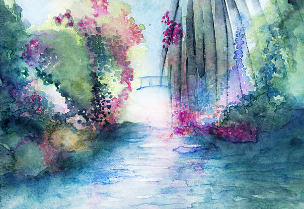 istock Romantic bridge and water landscape fantasy watercolor 521761907