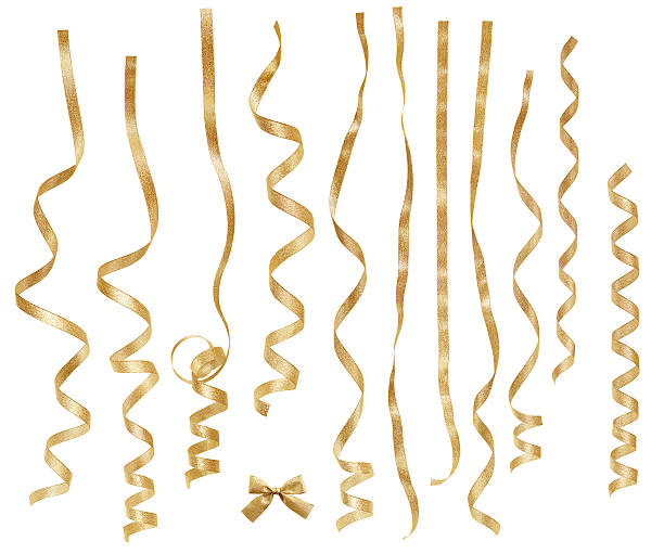 conjunto de fita de ouro - curled up ribbon isolated on white photography imagens e fotografias de stock