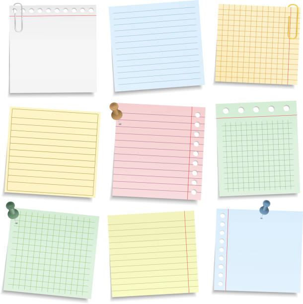 цветной блокнот бумага - adhesive note letter thumbtack reminder stock illustrations