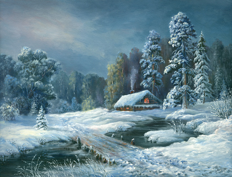 winter evening landscape with wooden house, painted in oil on canvas, a high-resolution scan, suitable for a Christmas card. My own artwork. 