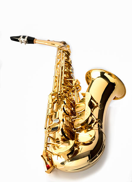 альт-саксофон, на белом фоне, вид сбоку - bebop стоковые фото и изображения