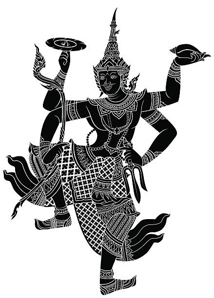 Narayana or Pra Narai, the highest god Drawing of Narayana silhouetted on white background ramayana stock illustrations