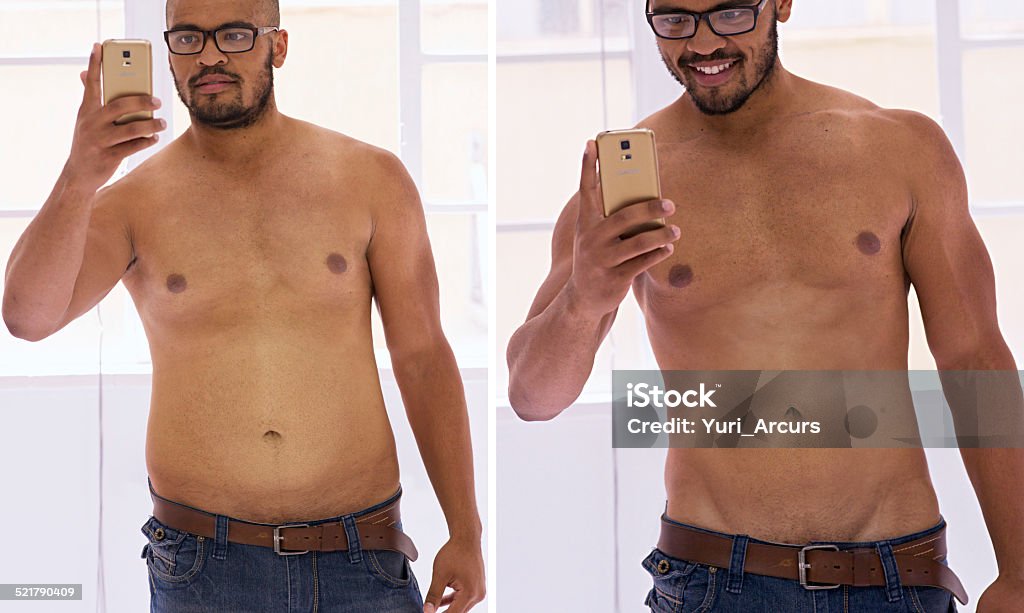 Dang! I look great! Shot of a handsome young man taking a selfie before and after his diet Men Stock Photo