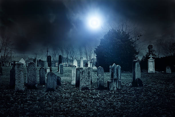 cementerio de noche - gothic style horror cemetery spooky fotografías e imágenes de stock