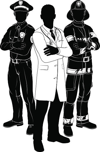 Emergency services team silhouettes Emergency rescue services team silhouettes of a policeman or police officer, a fireman or fire-fighter and a doctor police and firemen stock illustrations