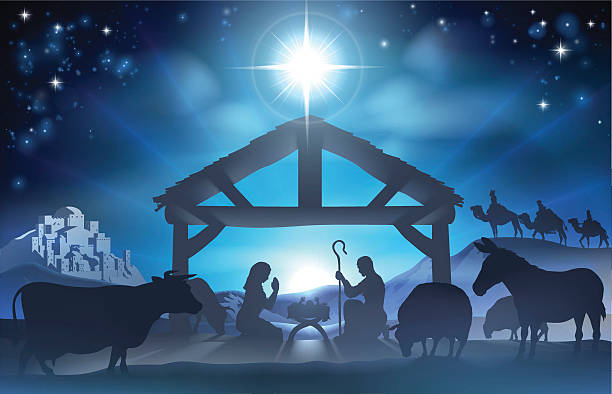 Christmas Nativity Scene Traditional Christian Christmas Nativity Scene of baby Jesus in the manger with Mary and Joseph in silhouette surrounded by the animals and wise men in the distance with the city of Bethlehem nativety stock illustrations