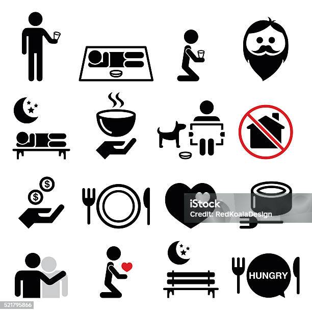 Homeless Poverty Man Begging For Money Icons Set Stock Illustration - Download Image Now - Homelessness, Poverty, Vector