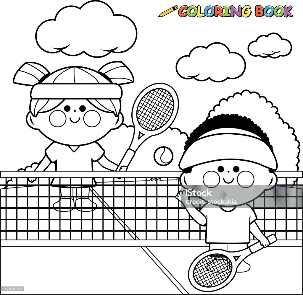 Kids playing tennis at tennis court coloring book page Vector illustration of a boy and a girl playing tennis at the tennis court with rackets and tennis balls. Coloring book page Black And White stock vector