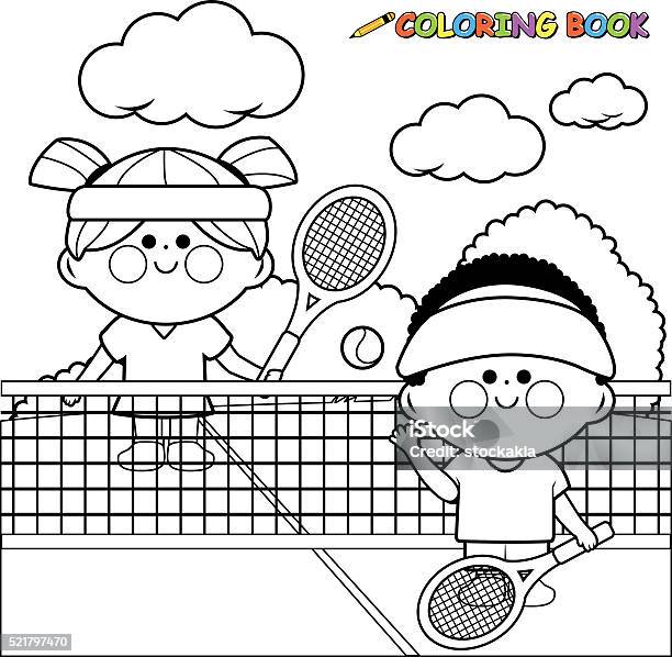 Kids Playing Tennis At Tennis Court Coloring Book Page Stock Illustration - Download Image Now
