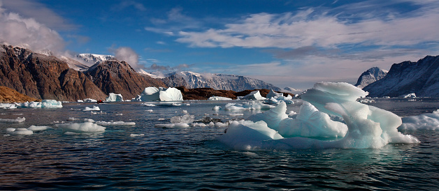 Icebergs floating in Northwest Fjord off Scoresbysund in eastern Greenland.