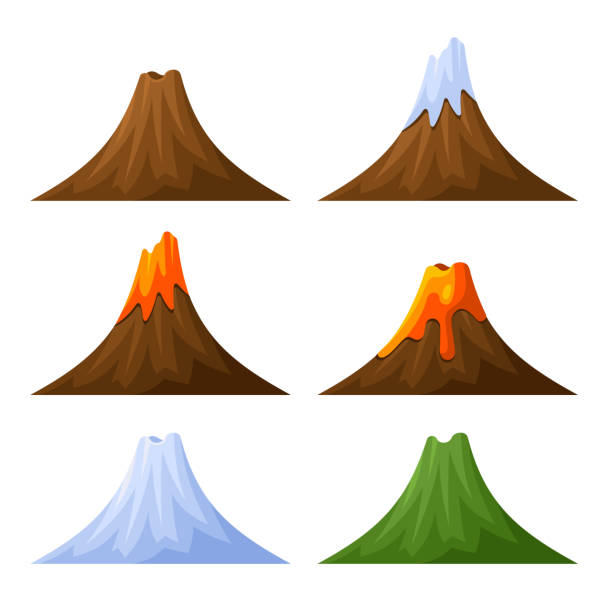 ilustraciones, imágenes clip art, dibujos animados e iconos de stock de montañas y al volcán, bosque y nieve juego. vector de de - volcano