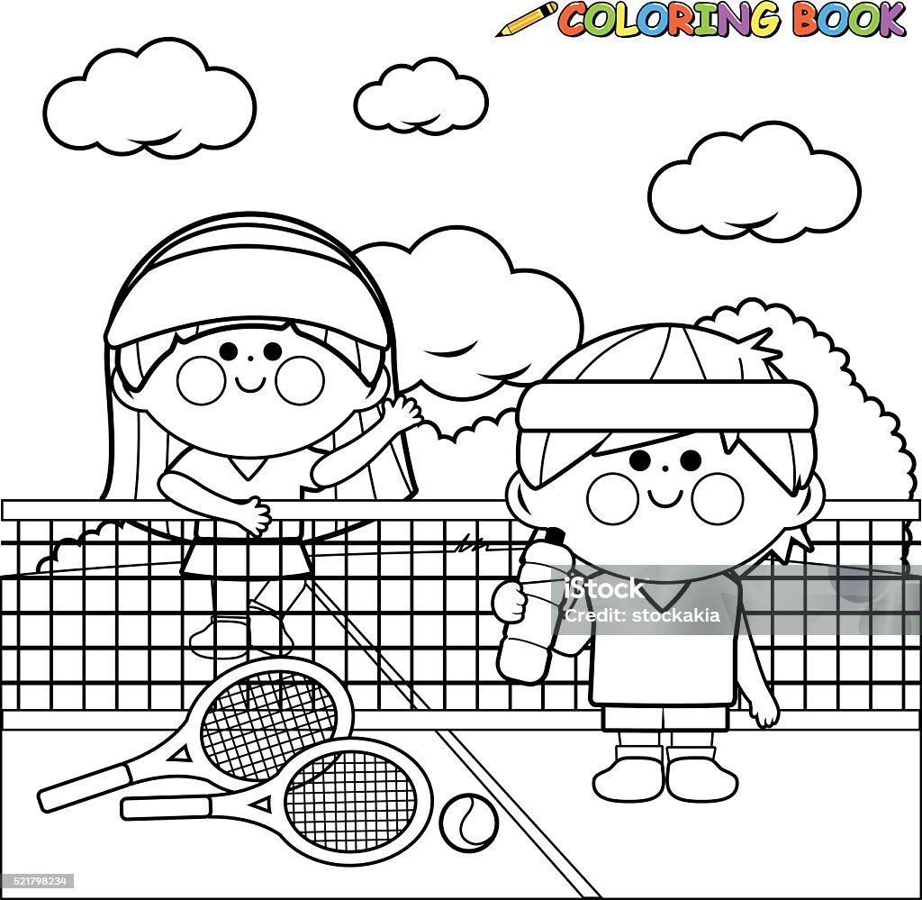 Niños de jugadores de tenis en la cancha de tenis libro para colorear página - arte vectorial de Colorear libre de derechos