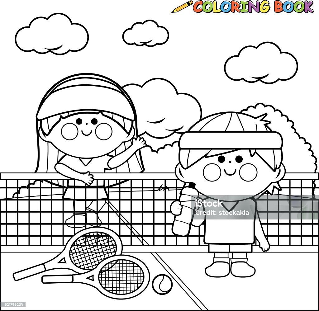 Kids tennis players at tennis court coloring book page Vector black and white illustration of a boy and a girl tennis players at the tennis court taking a break from game and drinking water. Coloring book page.  Coloring stock vector