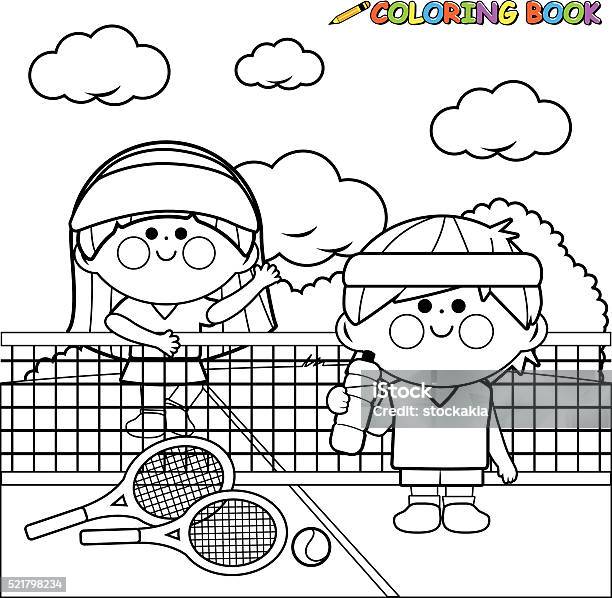 Kids Tennis Players At Tennis Court Coloring Book Page Stock Illustration - Download Image Now
