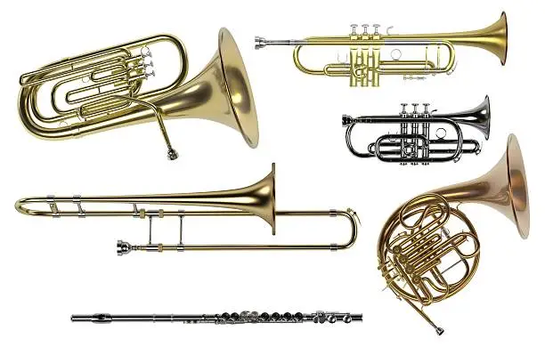3d rendering of brass musical instruments