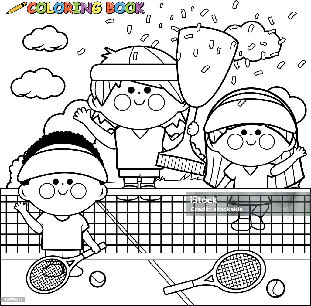 Champion kids tennis players coloring book page Vector illustration of children tennis players winners at the tennis court with rackets and tennis balls holding the championship trophy. Coloring book page.  Tennis stock vector