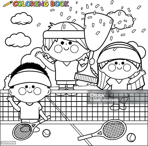 Champion Kids Tennis Players Coloring Book Page Stock Illustration - Download Image Now - Tennis, Award, Black And White