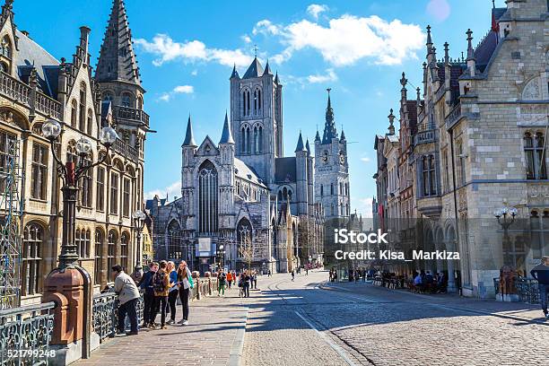 Street View Of Ghent Belgium With St Nicholas Church Stock Photo - Download Image Now