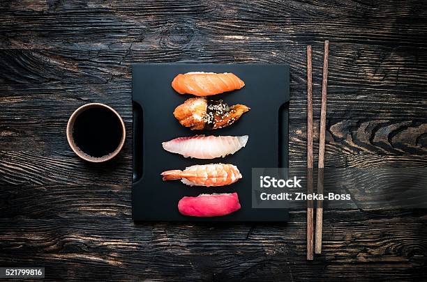 Set Of Sashimi Sushi With Soy And Chopsticks Stock Photo - Download Image Now - Appetizer, Backgrounds, Chopsticks