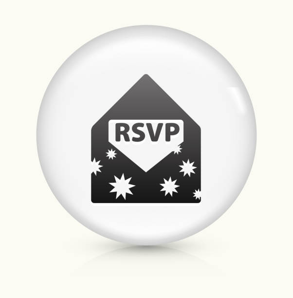 Party Invite icon on white round vector button Party Invite Icon on simple white round button. This 100% royalty free vector button is circular in shape and the icon is the primary subject of the composition. There is a slight reflection visible at the bottom. rsvp stock illustrations