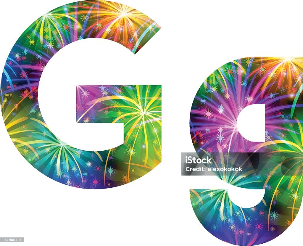 Set of letters, firework, G Set of English letters signs uppercase and lowercase G, stylized colorful holiday firework with stars and flares, elements for web design. Eps10, contains transparencies. Vector Alphabet stock vector