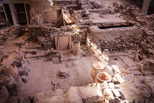 Ancient artifacts in Akrotiri, Santorini (Thira) Akrotiri (Greek: Ακρωτήρι, pronounced Greek:  antiquities stock pictures, royalty-free photos & images