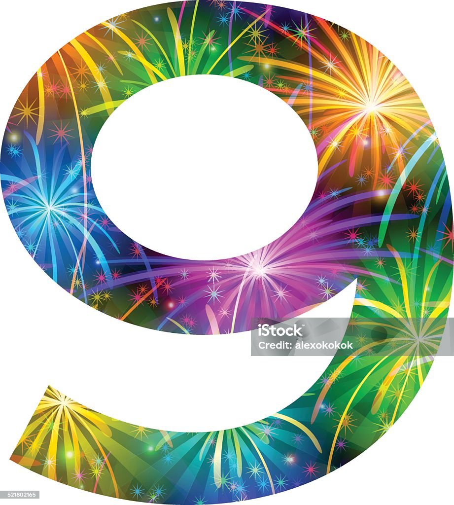 Number of colorful firework, nine Mathematical sign, number nine, stylized colorful holiday firework with stars and flares, element for web design. Eps10, contains transparencies. Vector Blue stock vector