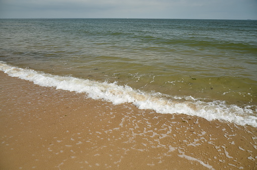 Green and Blue shades depth in the salty water of the Chesapeake Bay North of the state of Virginia, North Virginia Beach. tiny waves rolling onto the beach.