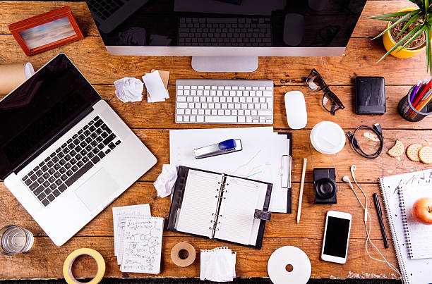 Desk With Various Gadgets And Office Supplies Flat Lay Stock Photo -  Download Image Now - iStock