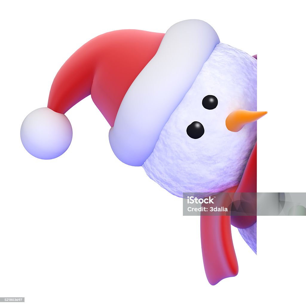 3d Santa snowman peeps out 3d render of a snowman wearing a Santa Claus hat peeping from behind blank space Cartoon Stock Photo