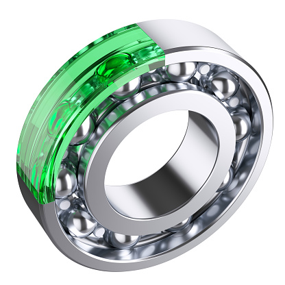 Ball bearing with cut form green glass fragment. Isolated white background 3d