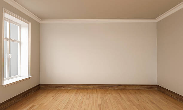 3d rendering of empty room interior white brown colors - boş stok fotoğraflar ve resimler