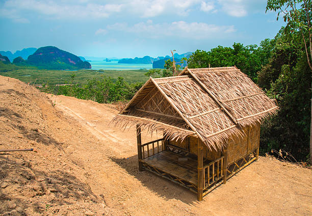 istock Cottage hand made from bamboo behind beautiful beach and mountain 521807134