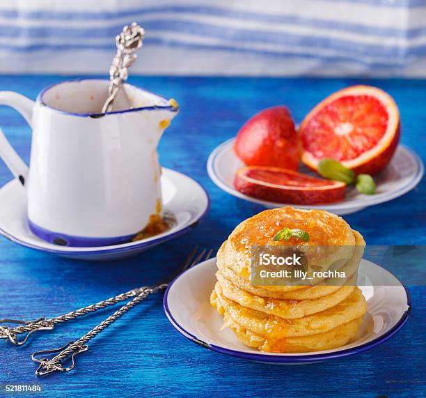 Pancakes With Orange Jam Stock Photo - Download Image Now - American Culture, Breakfast, Buttermilk