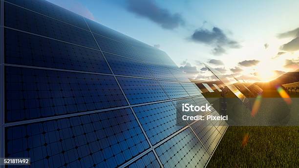 Solar Panels Field At Sunset Stock Photo - Download Image Now - Solar Energy, Solar Panel, Fuel and Power Generation