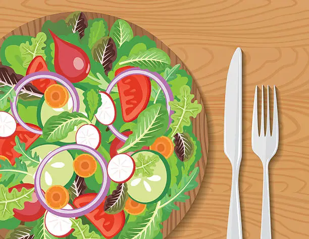 Vector illustration of Wood Bowl Of Salad On A Wood Table